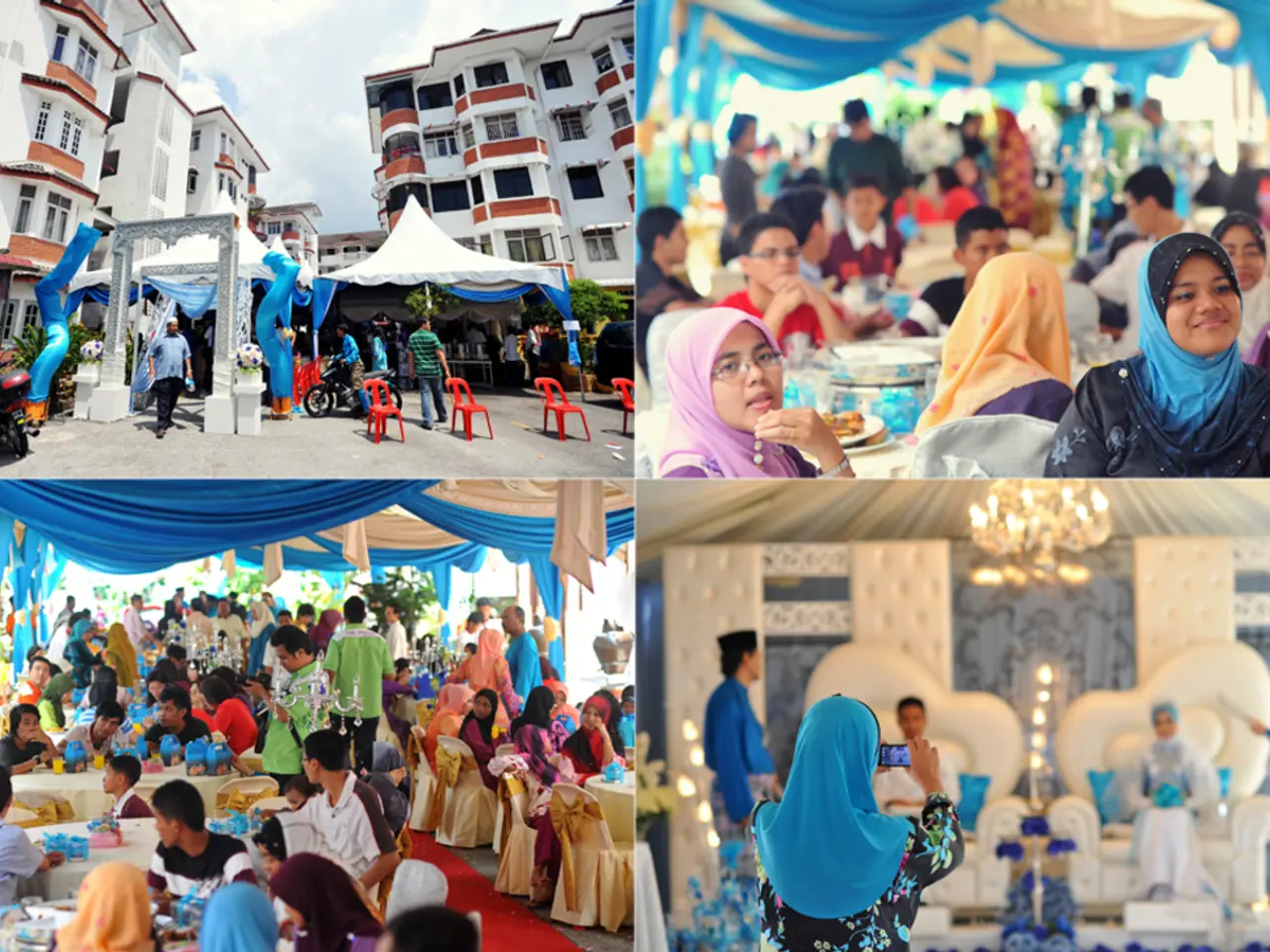 This is a collage image in which there are many people in the images. There is a building at the...