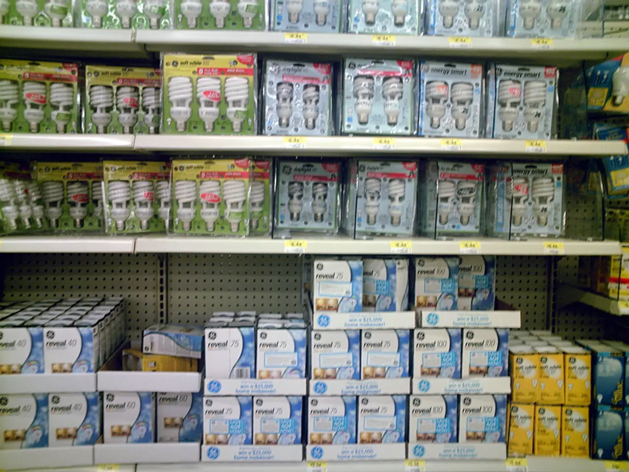 In this picture there are few bulbs placed in shelves.