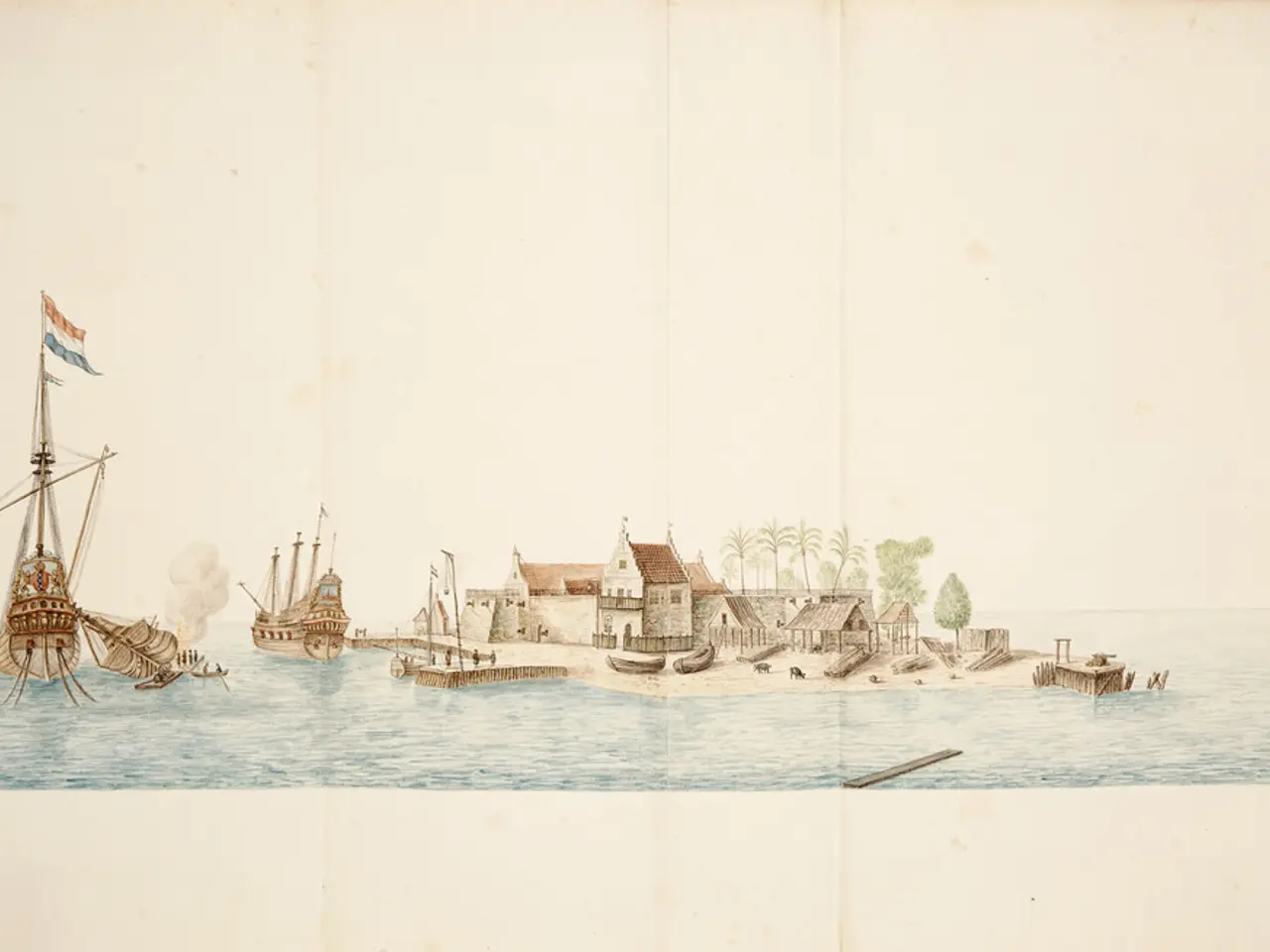 In this image we can see there is a poster with ships, boats, houses, shed, poles, flag and water.