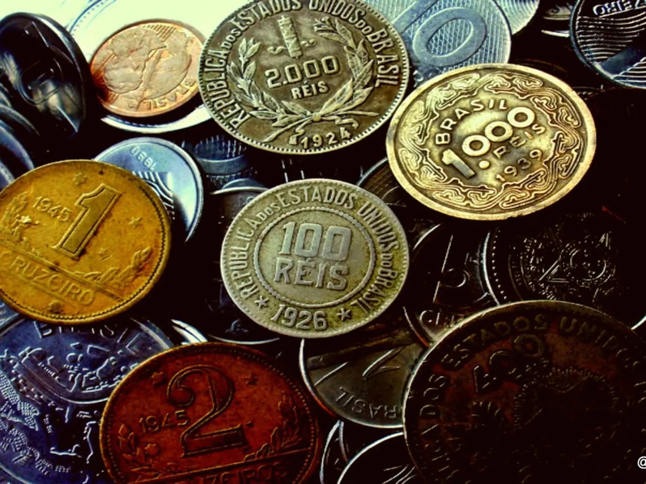 In this image there are a group of coins, there is text on the coins, there is number on the coins,...