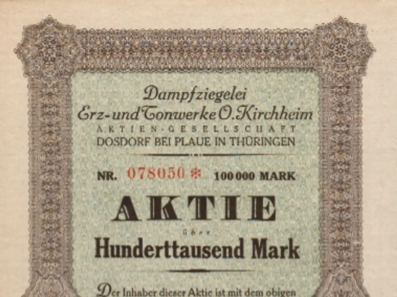 The image shows an old German stock certificate with a picture of a man on it. The certificate has...