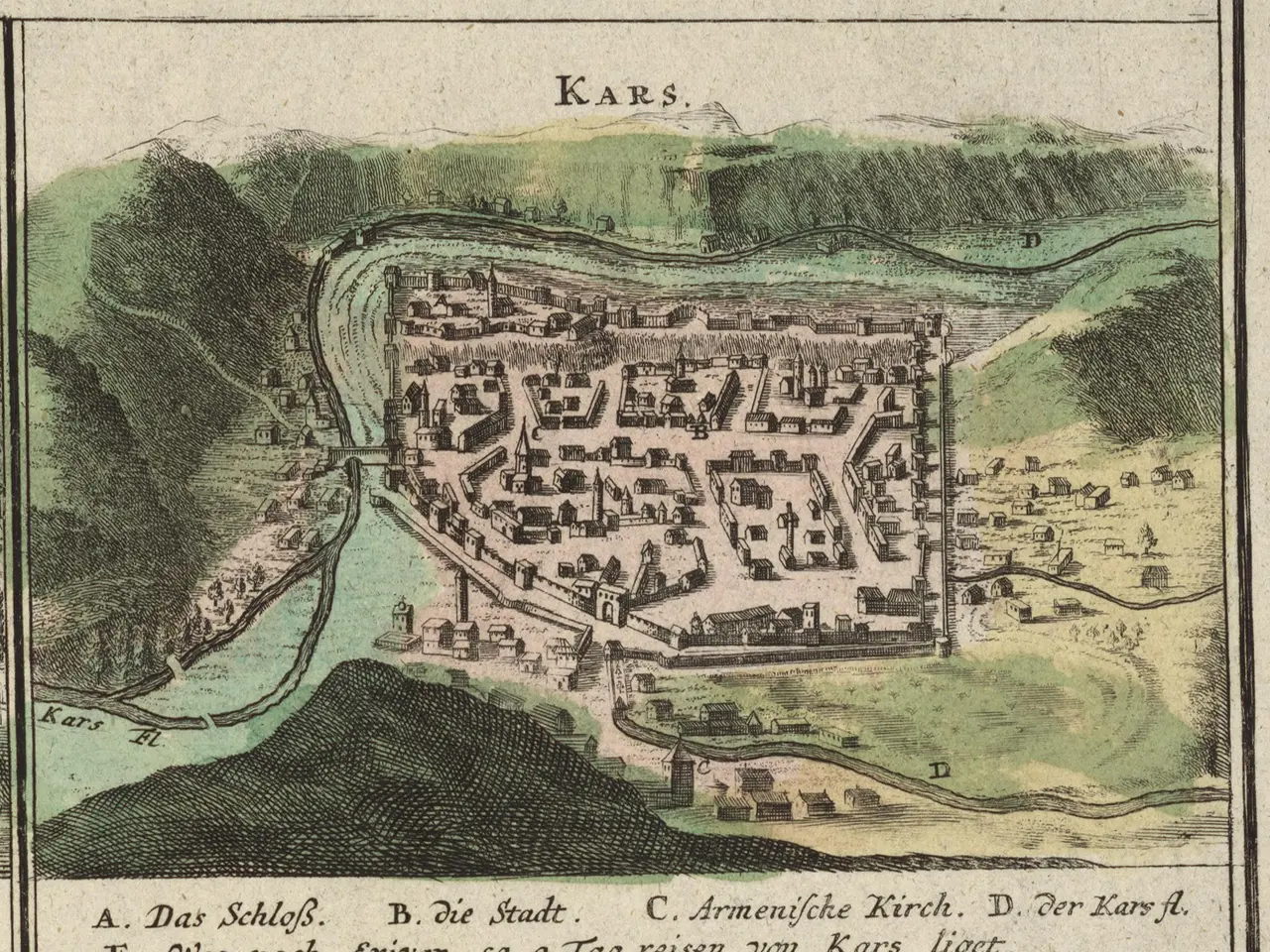 The image shows an old map of the city of Karlsruhe, Germany, with buildings, trees, hills, and a...