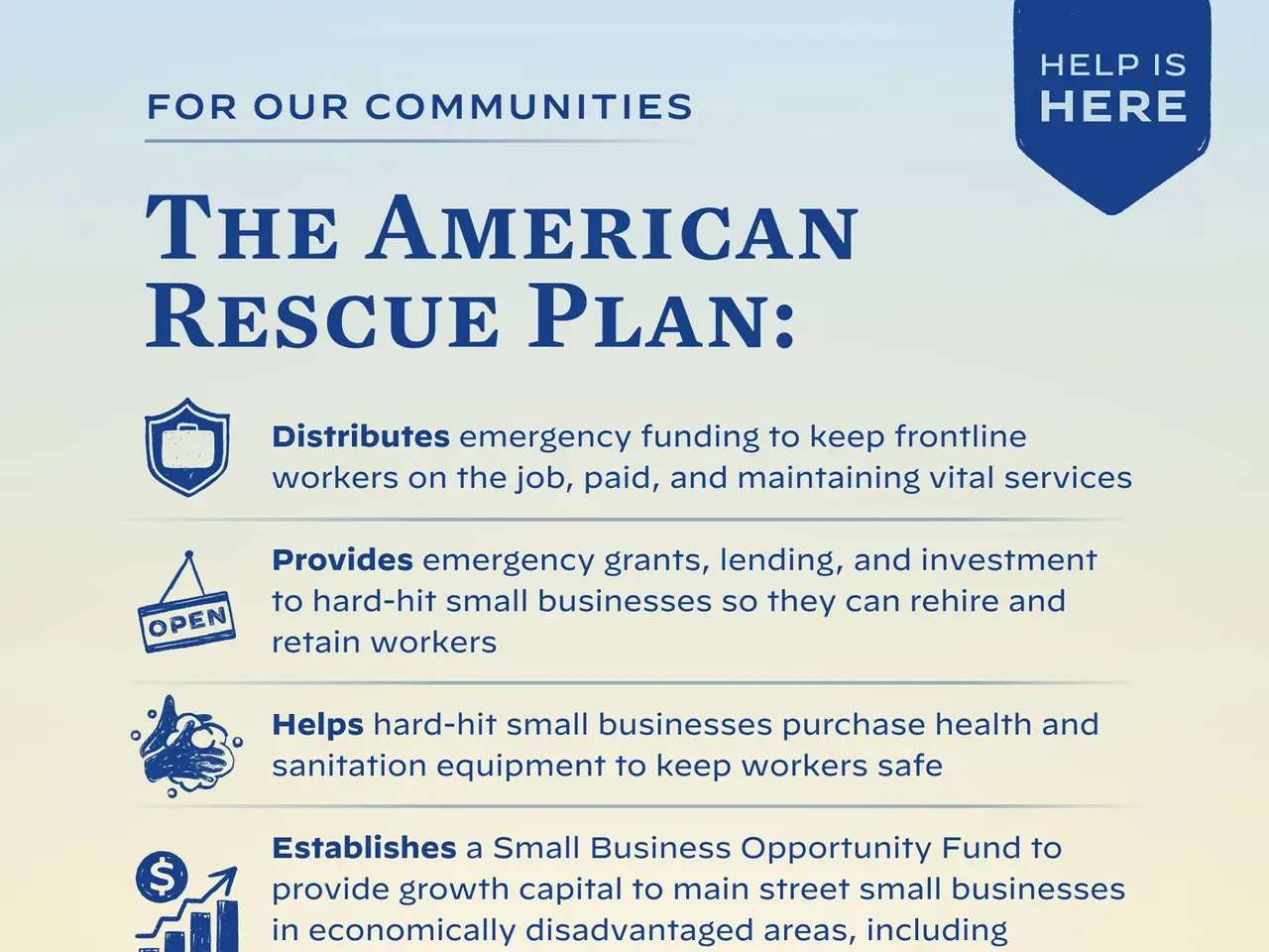 The image shows a poster with text and logos that outlines the American Rescue Plan. The text is...