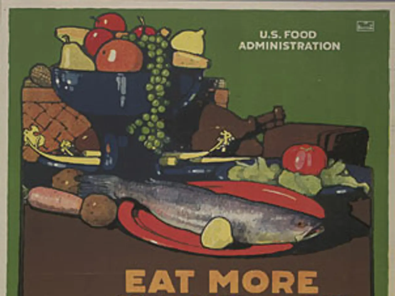 The image shows a poster with a variety of fruits and vegetables, including a fish, with the text...