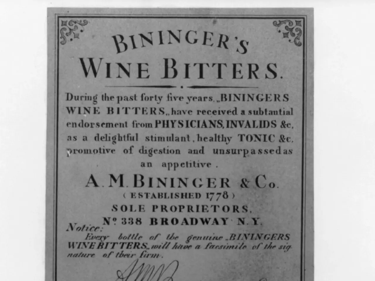 The image shows an old advertisement for Bininger's Wine Bitters, featuring a picture of a man in a...