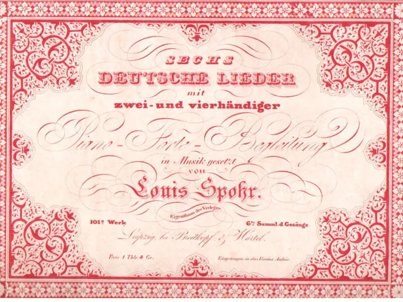 The image shows an old German stock certificate with a red border and a white background. The text...