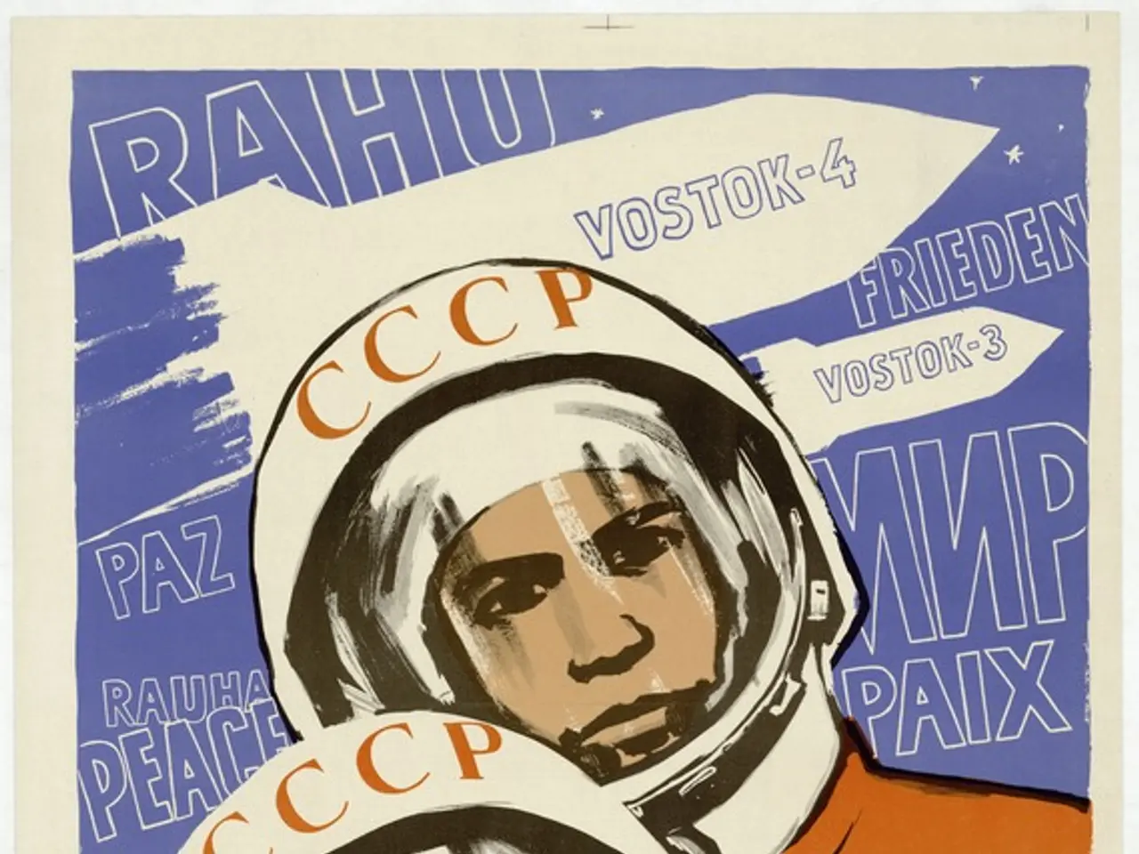The image shows a Soviet propaganda poster for the Soviet Union featuring two astronauts in...