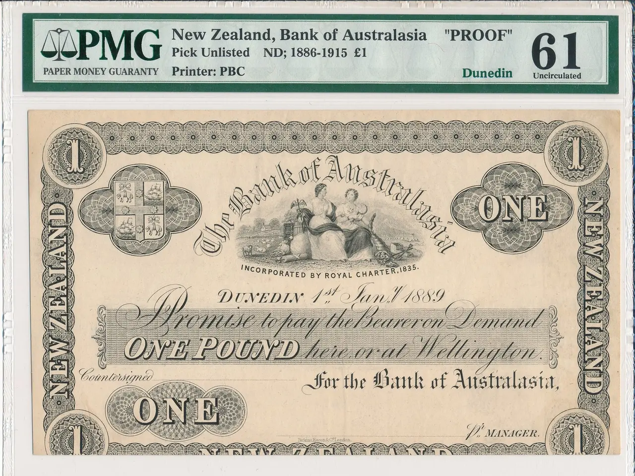 The image shows a New Zealand Bank of Australia one pound note from 1866-1915 with a PMG 61 EPQ Gem...