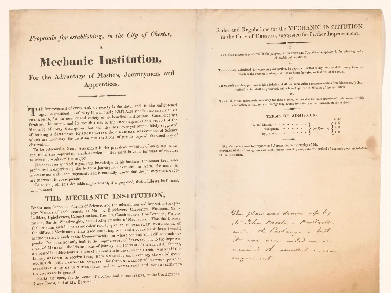 The image shows an open book with the title "Mechanic Institution, for the Advantage of Masters,...