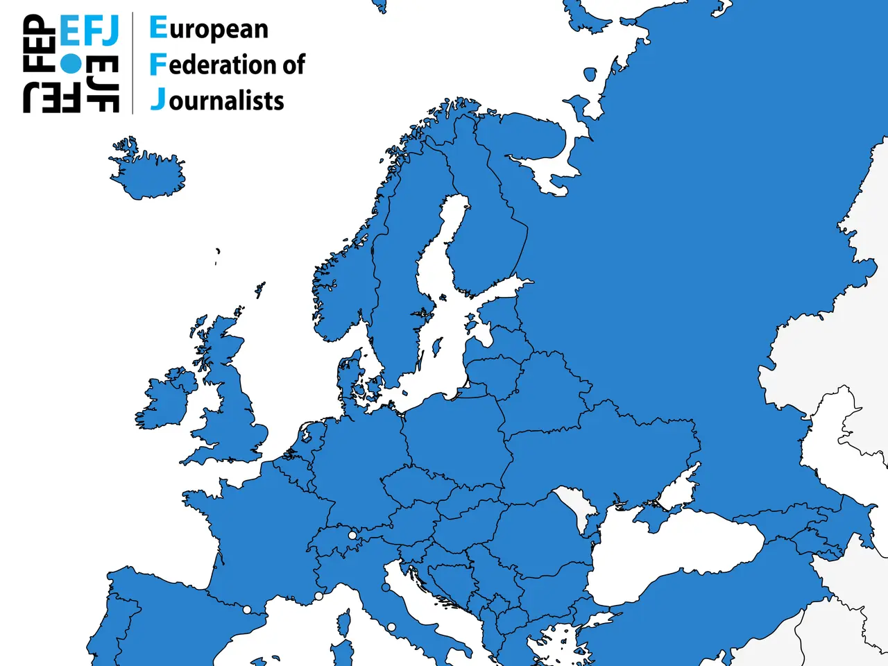 The image shows a map of Europe with the European Federation of Journalists (EFJ) highlighted in...