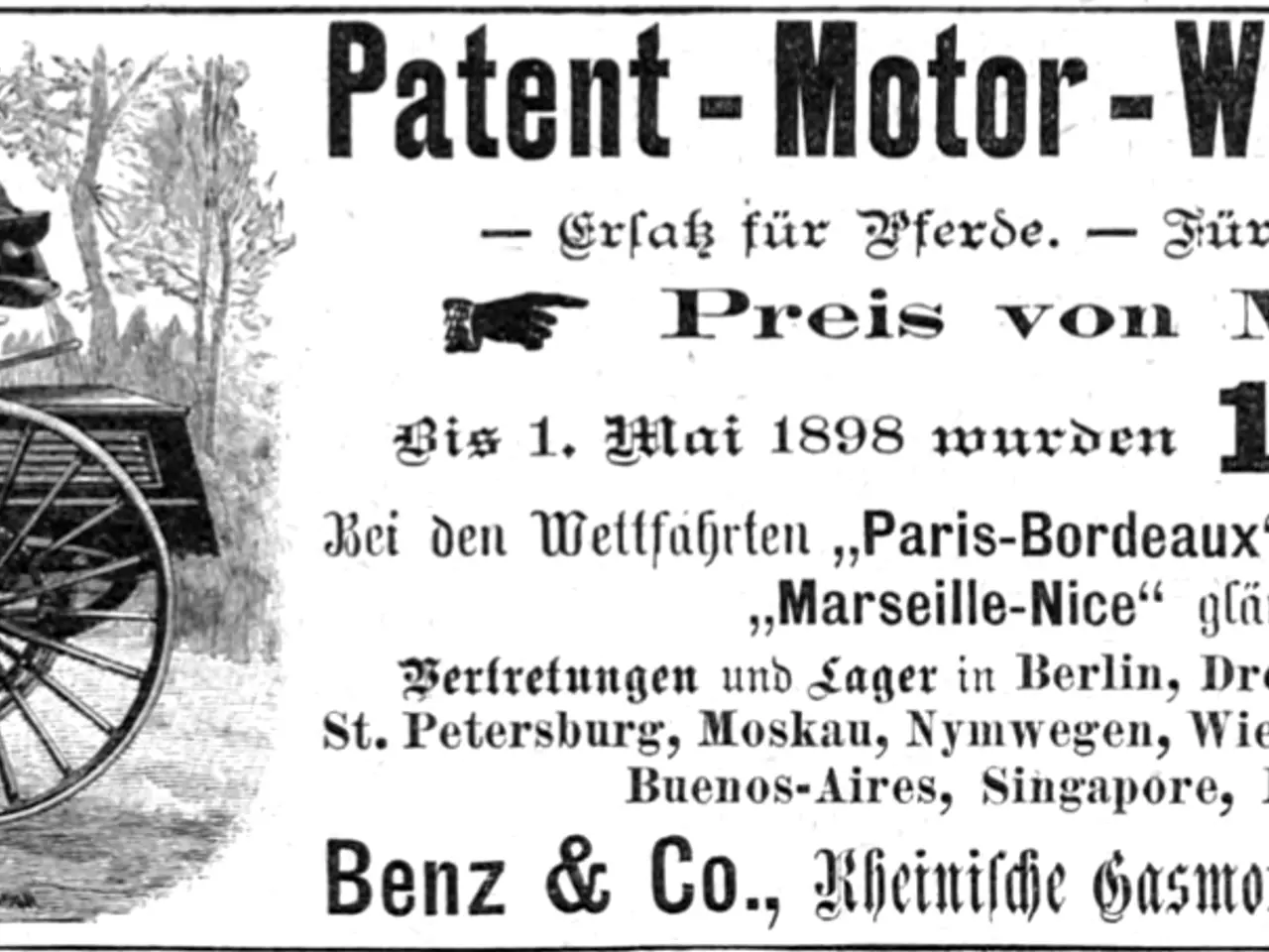 The image shows an advertisement for a patent motor-wagen, with two people sitting in the vehicle,...