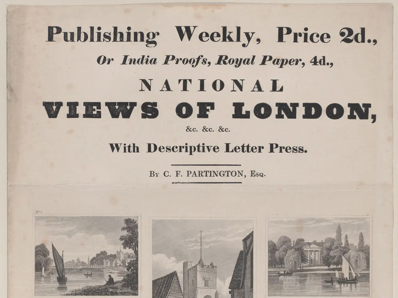 The image shows a paper with pictures and text on it, depicting the National Views of London with...