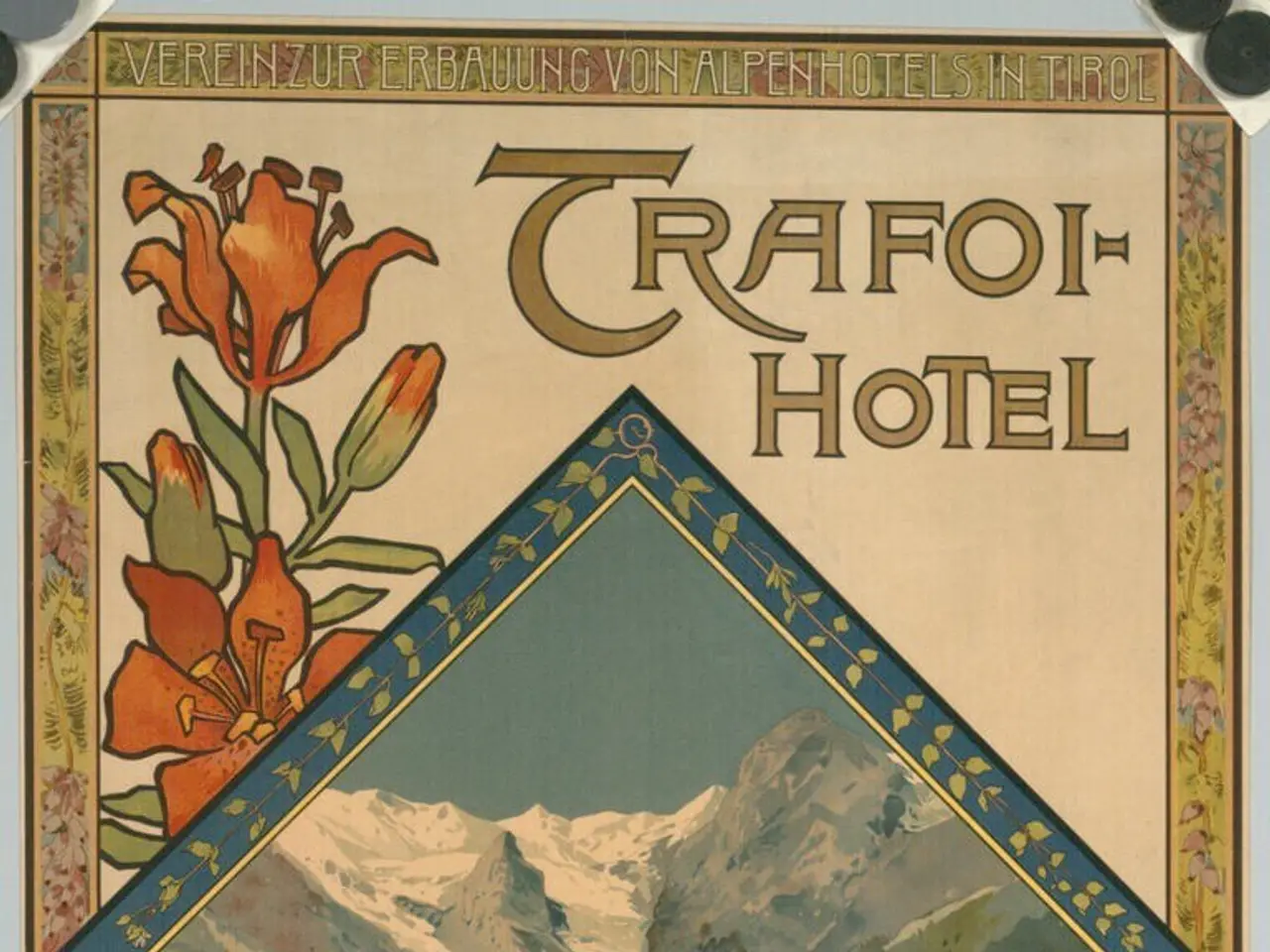 The image shows a poster advertising a hotel in the Swiss Alps, featuring a picture of a building,...