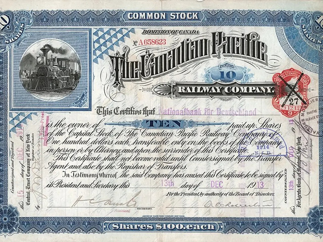 The image shows an old stock certificate with a picture of a train on it. The certificate is from...
