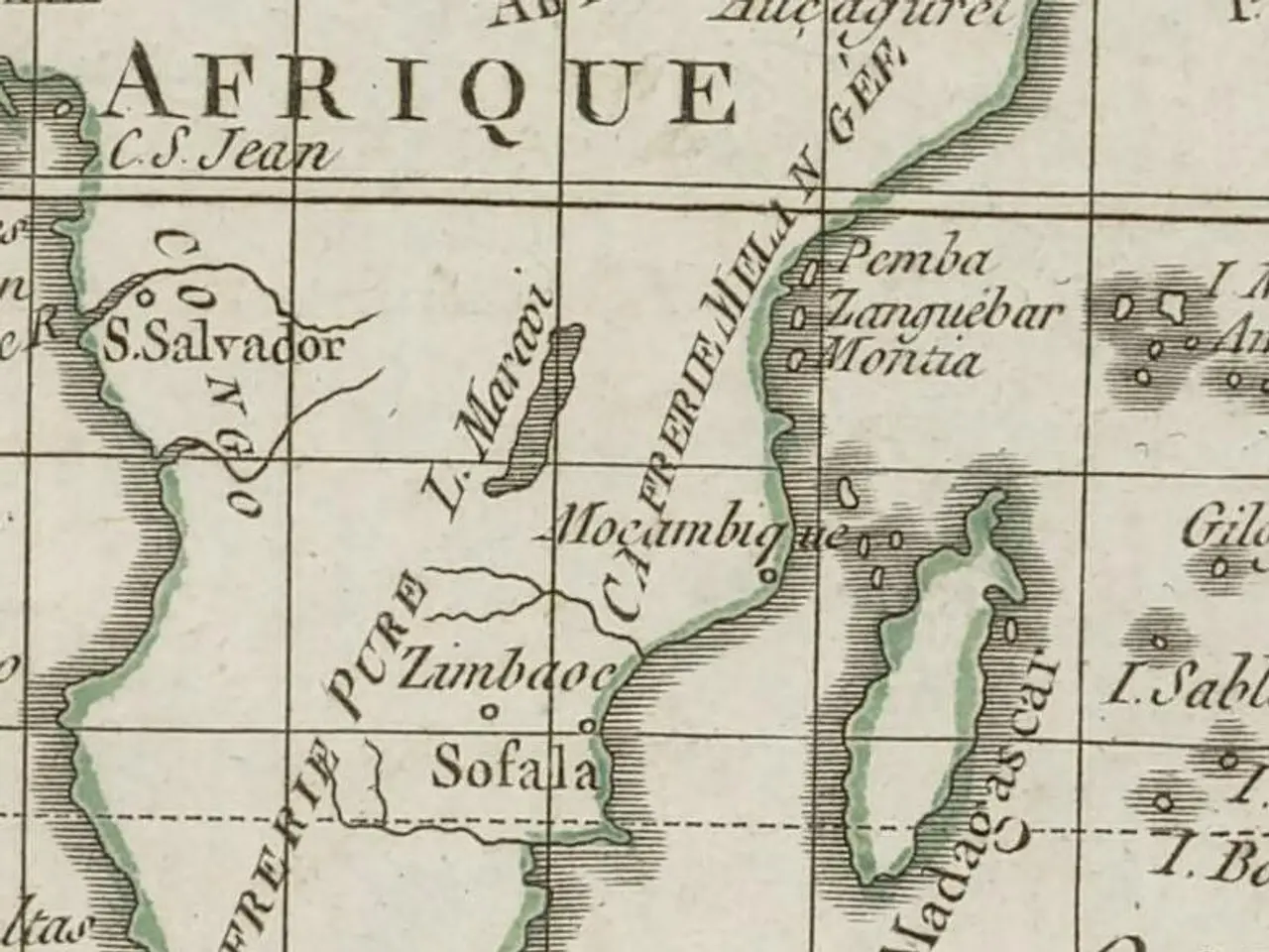 The image shows an old map of Africa with the provinces of South Africa highlighted. The paper has...