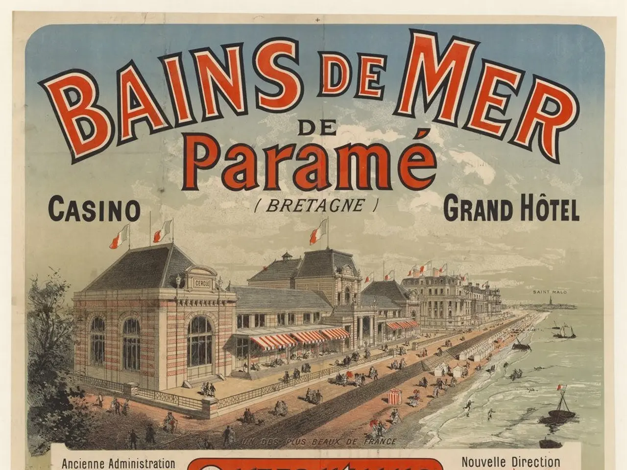 The image shows a poster advertising the Bains de Mer Casino and Grand Hotel in Bretagne, France....