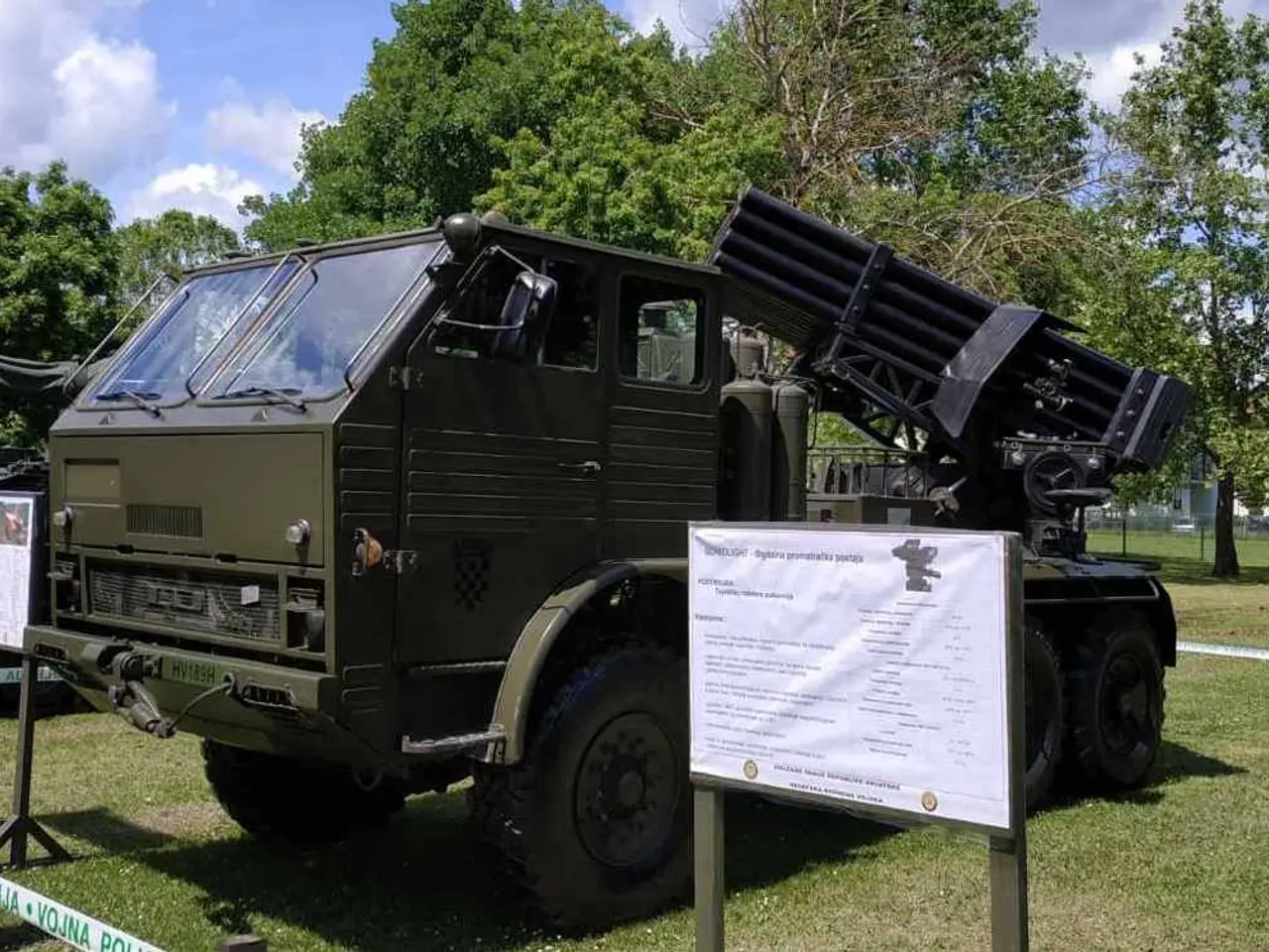 The image shows a military truck with a missile on top of it parked in a grassy area surrounded by...