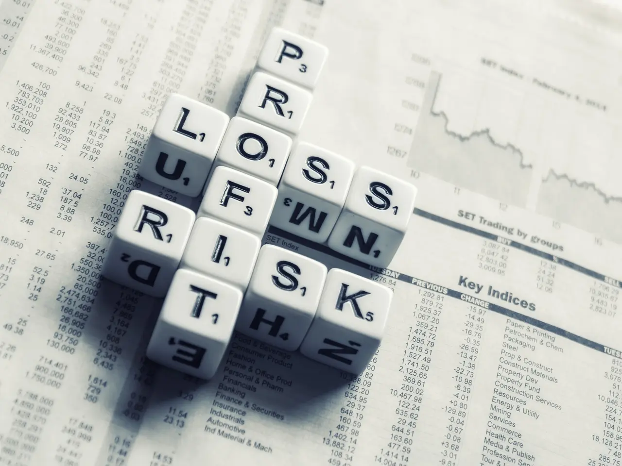The image shows a crossword puzzle with the words "loss, risk, and risk" spelled out on top of a...