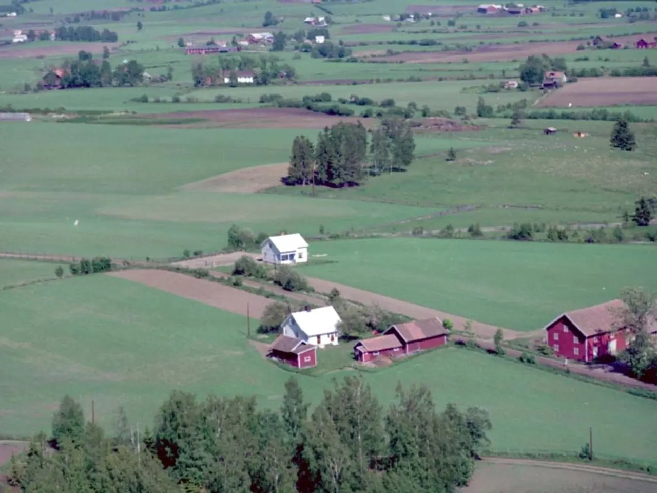The image shows an aerial view of a farm in the middle of a green field, surrounded by trees,...