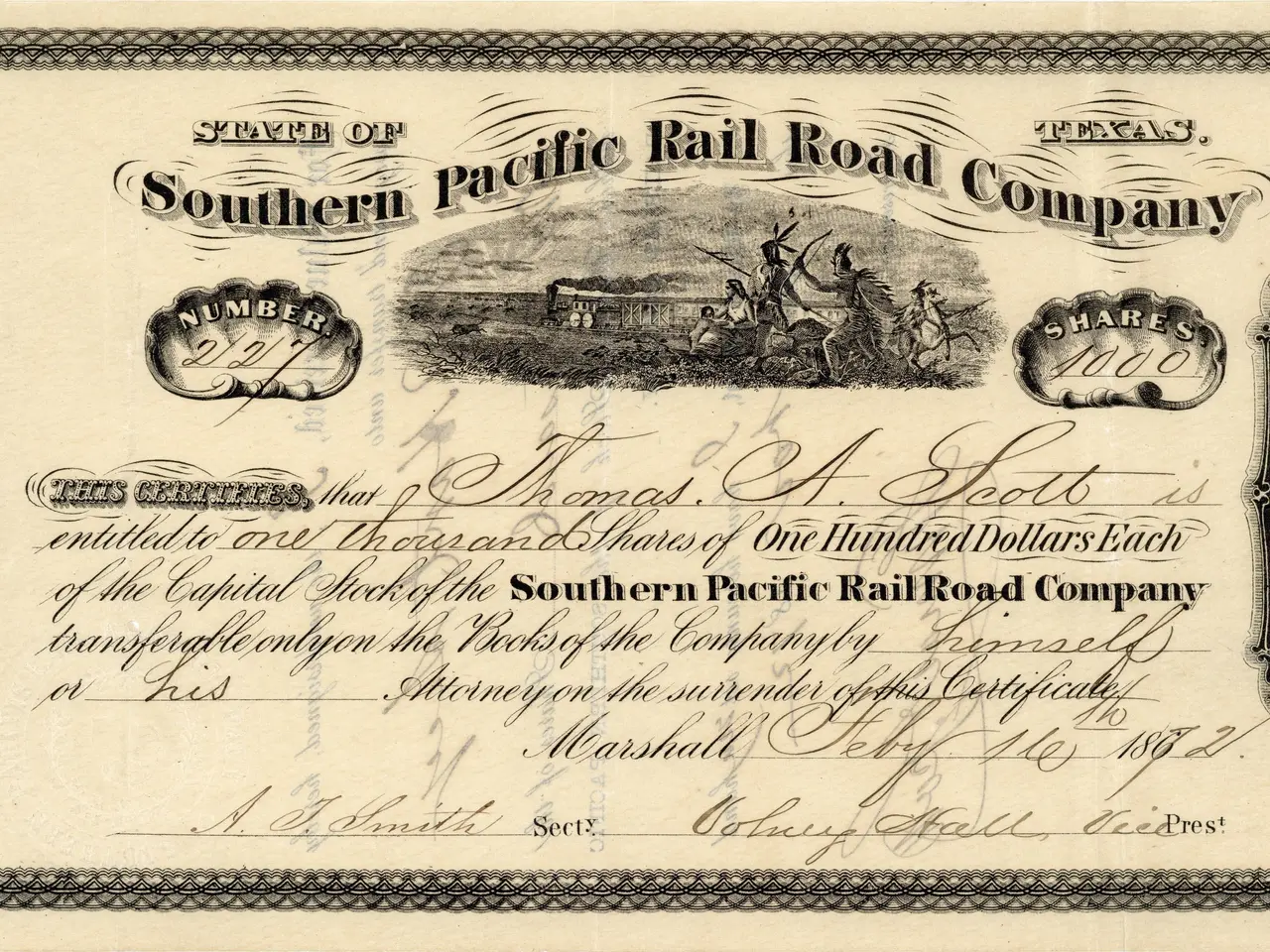 The image shows an old Southern Pacific Railroad Company stock certificate with a picture of a...