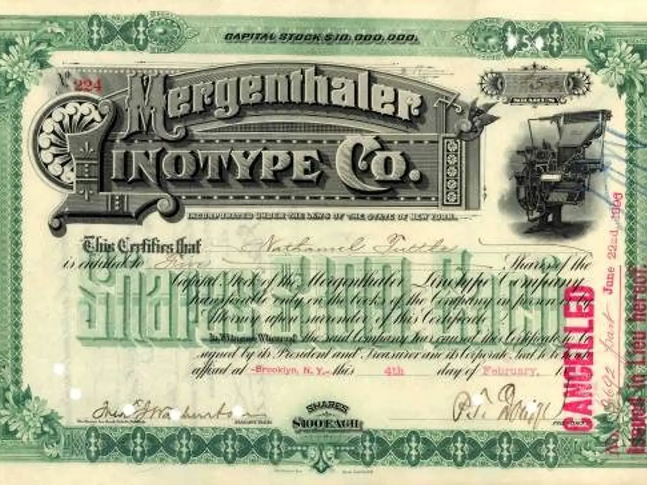 The image shows an old stock certificate with the words "Mergenthaler Inotype Co" printed on it....