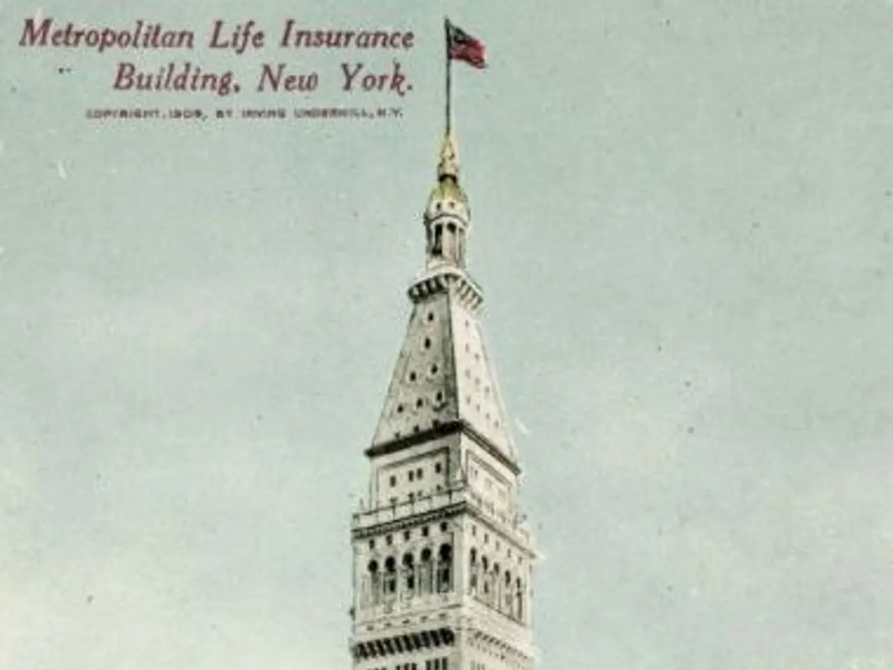 The image shows an old postcard of the Metropolitan Life Insurance Building in New York City. It...
