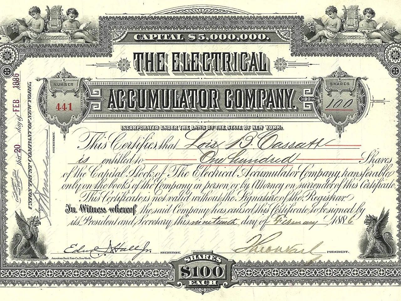 The image shows an electrical accumulator company stock certificate with text and numbers written...
