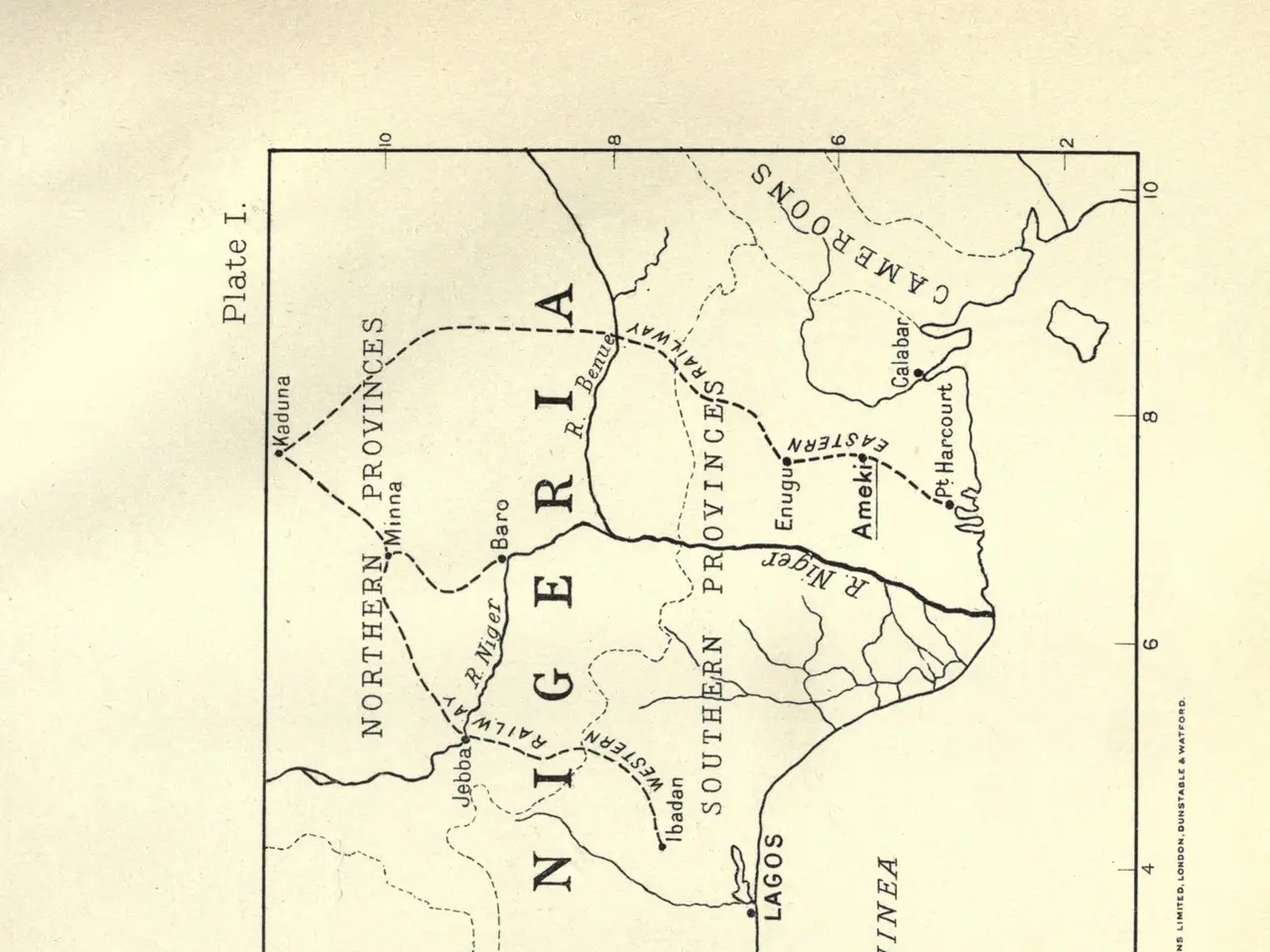 The image shows an old book with a map of Nigeria on it. The map is detailed and shows the various...
