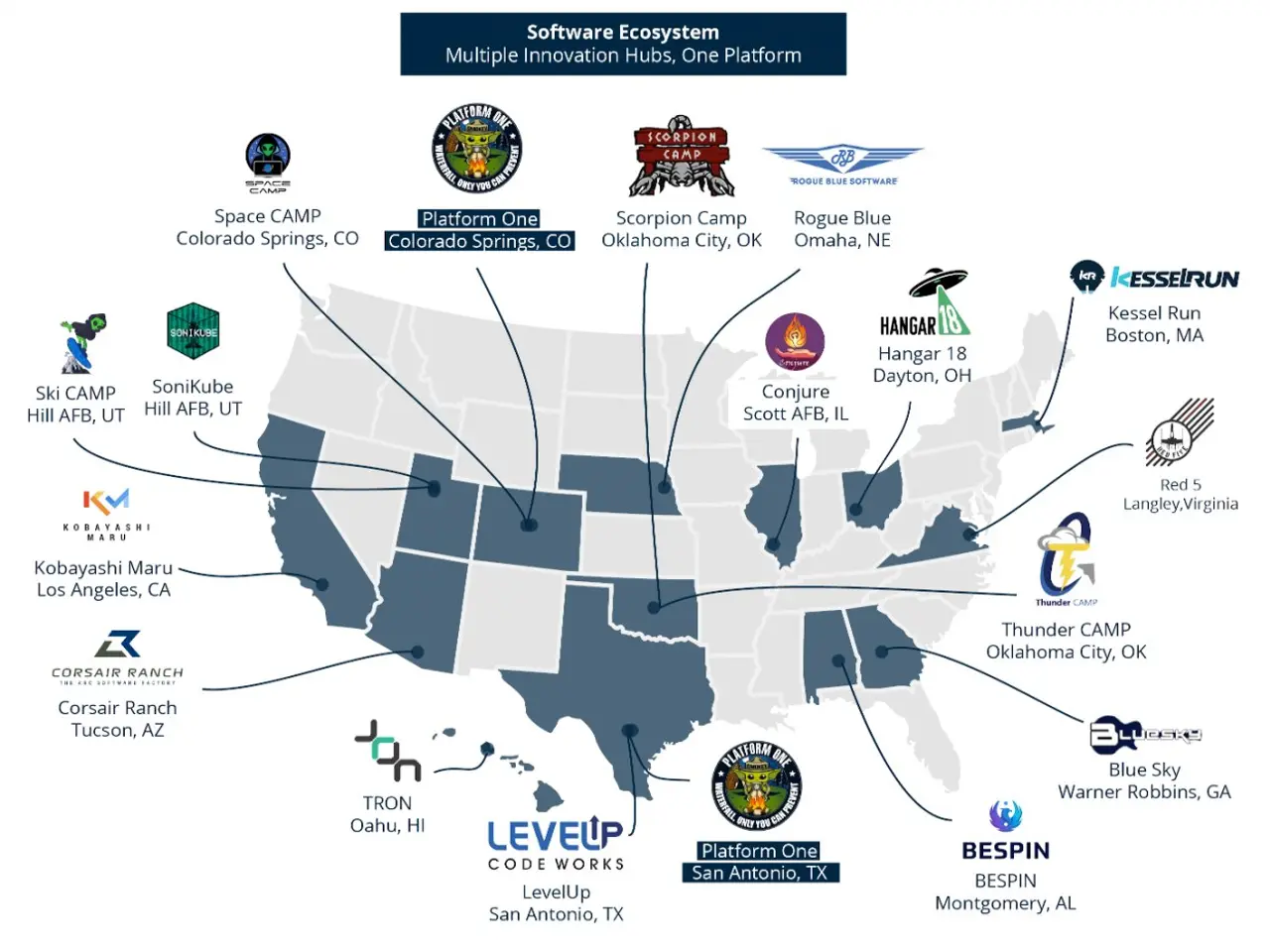 The image shows a map of the United States with logos of various companies, indicating the...