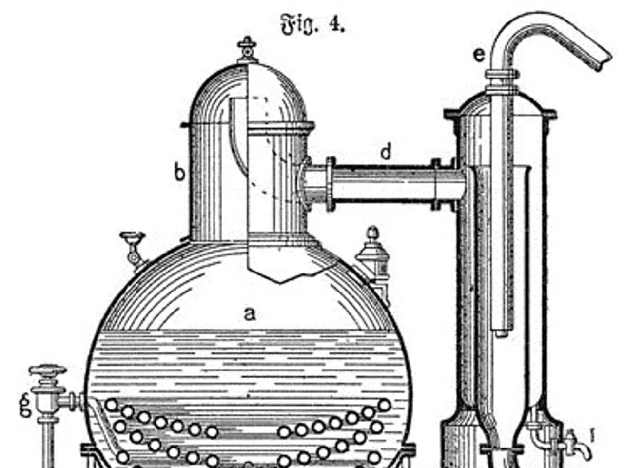 The image shows a drawing of a large glass reactor with a pipe and a hose attached to it. The...