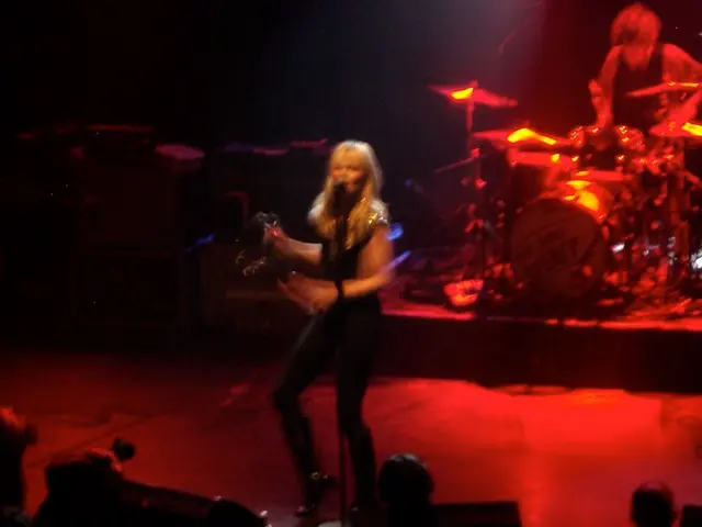 In this picture I can see audience and a woman singing with the help of a microphone and I can see...