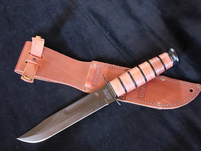 In this picture, we can see knife and its cover are kept on the black cloth.