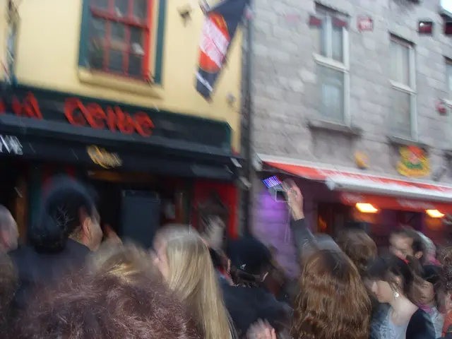 The image is blurred. At the bottom there are people on the streets. On the top there are...