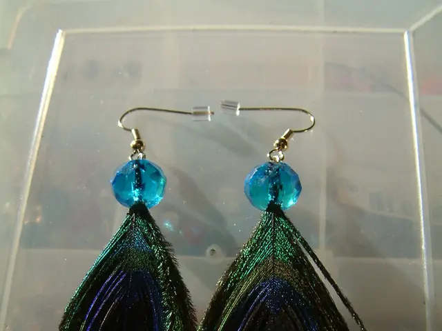 In this picture we can see the pair of green color peacock feather earring, placed on the plastic...