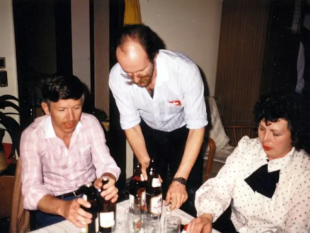 In this image i can see three persons who are having their drinks.