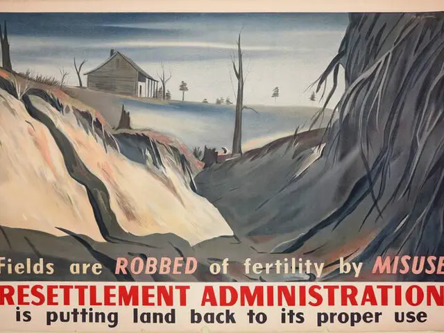 The image shows a poster on the wall with text that reads "Resettlement Administration: Fields are...