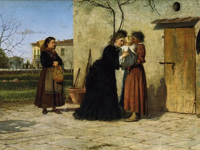 The image shows a painting of three women standing outside a house, with one of them holding a baby...