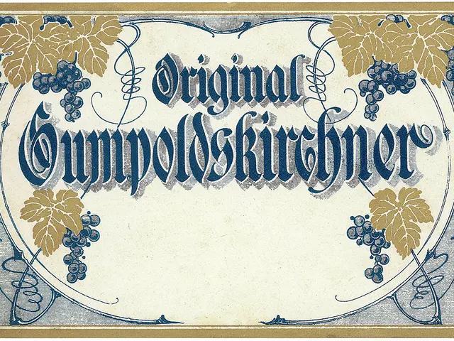 The image shows an old German wine label with a picture of grapes and leaves on it. The label has...