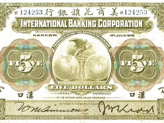 The image shows an old five dollar banknote from the International Banking Corporation of Hong...