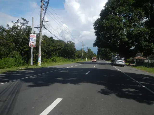 The image shows a carriageway with vehicles driving down it, electric poles with wires running...