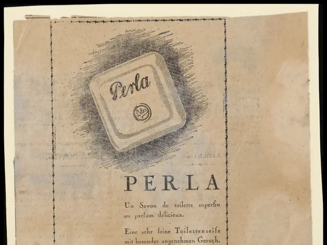 The image shows an old advertisement for a soap bar on a black background. The paper has text...