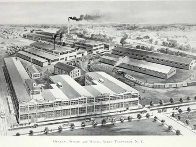 The image shows an aerial view of a factory with smoke coming out of it, surrounded by buildings,...