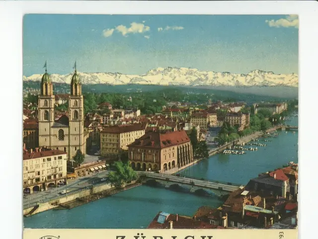 The image shows an old postcard of Zurich, Switzerland, with buildings, trees, water, a bridge,...