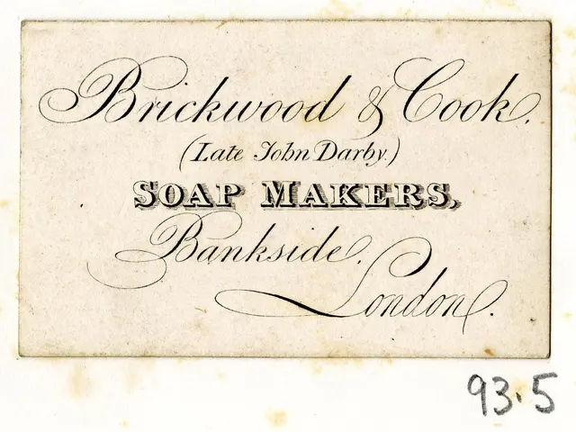The image shows an old business card with the words "Brickwood & Cook Soap Makers, Bankside,...