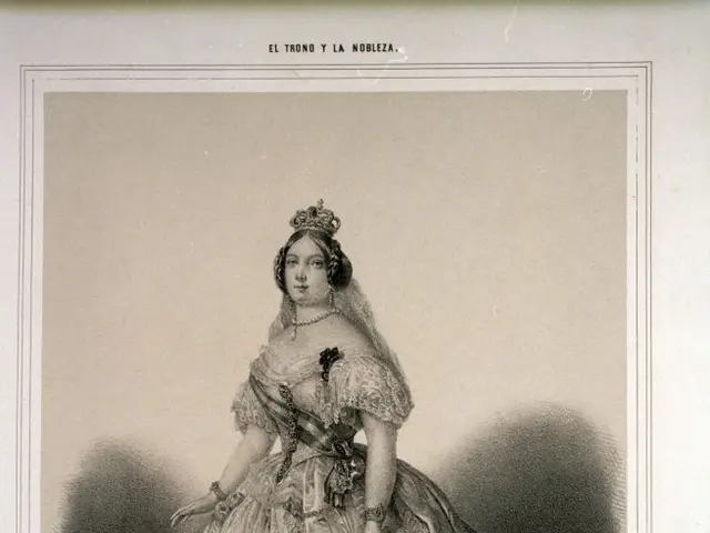 The image shows a woman in a dress with a crown on her head, holding a baby in her arms. At the...