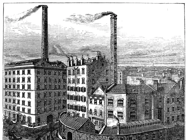 The image shows a black and white drawing of a factory with smoke coming out of its chimneys,...
