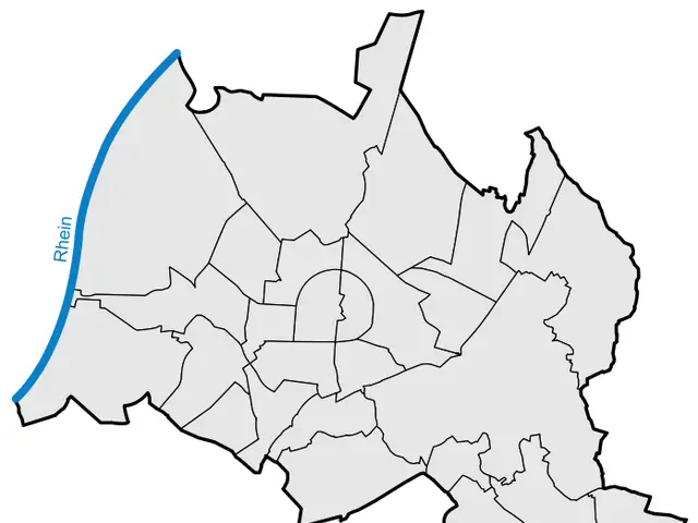 The image shows a map of the city of Rhein, Germany, with its provinces highlighted in red and...