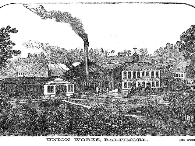 The image shows a black and white drawing of Union Works in Baltimore, Maryland, with a few...