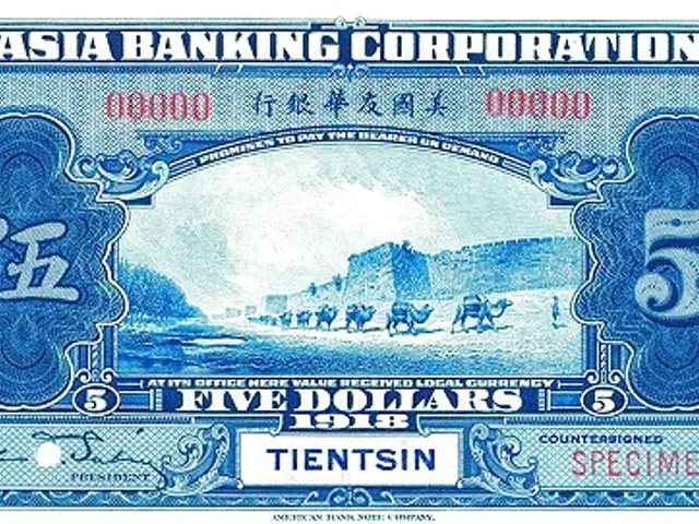 The image shows an old five dollar banknote from the Asia Banking Corporation. It has a blue and...
