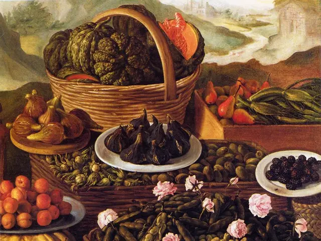 The image shows a still life of a fruit and vegetable market, with a variety of fruits and...